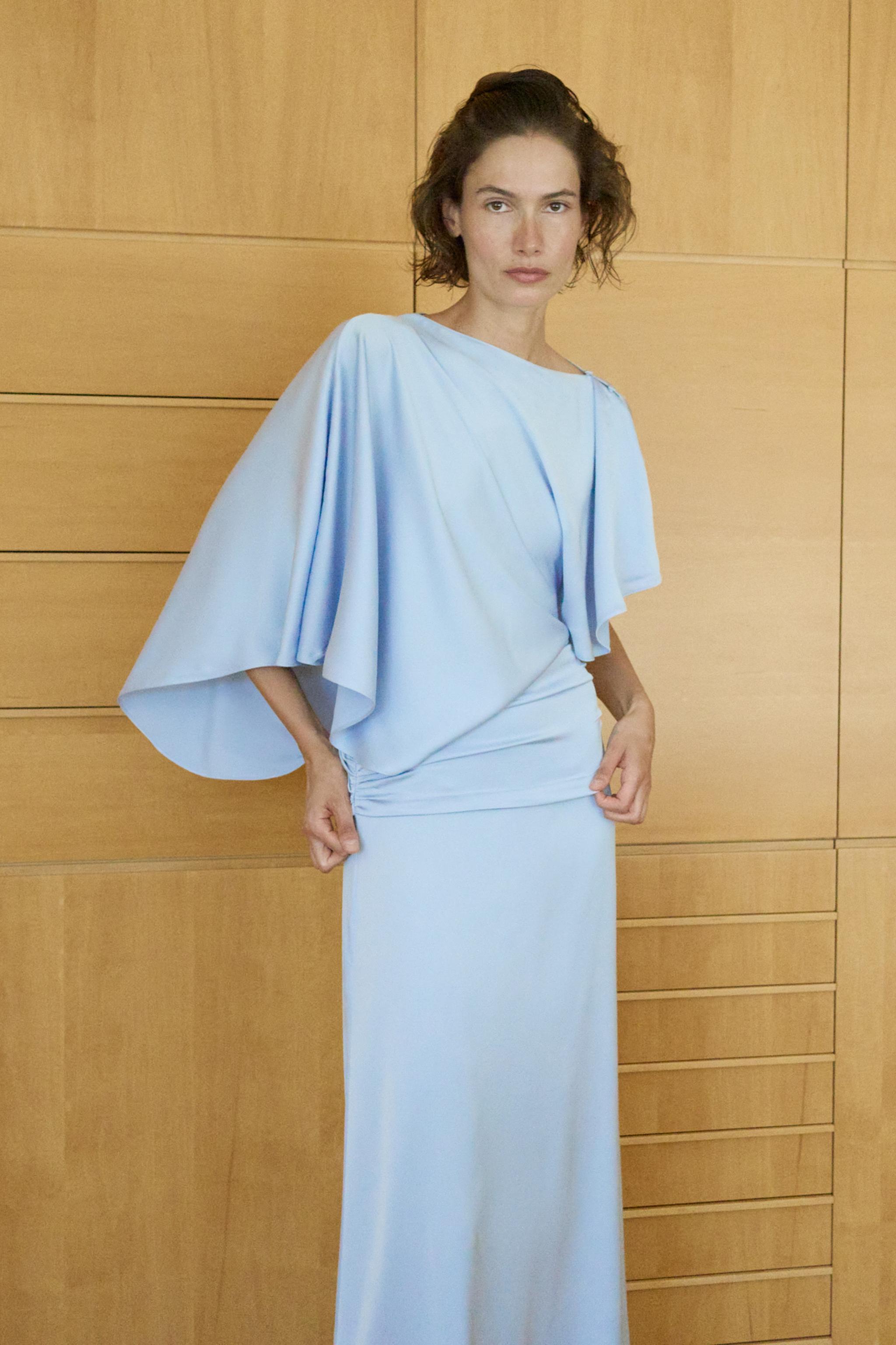 ASYMMETRIC CAPE SATIN EFFECT DRESS
